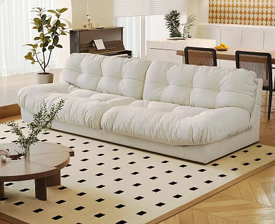 Plush White Sofa With Round Coffee Table In Living Room Black And White Checkered Rug 3d model