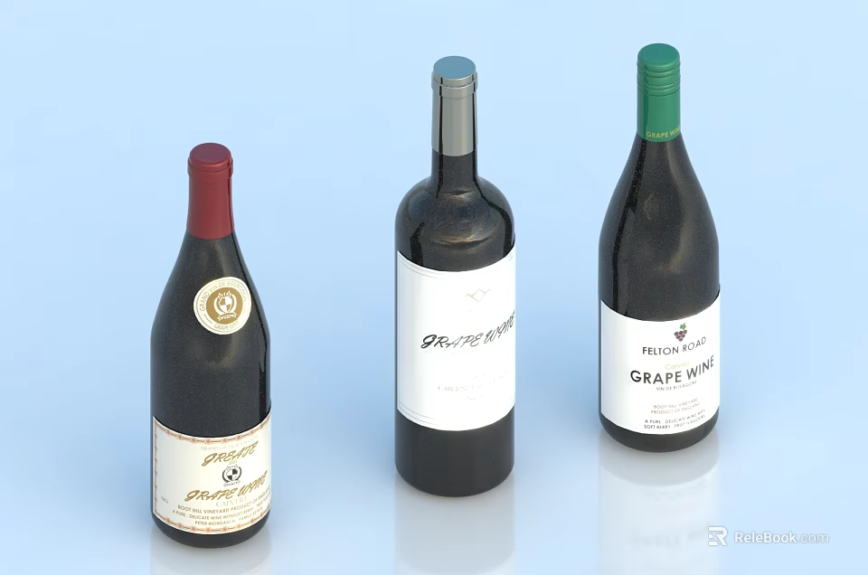 Wine Bottles With Red Silver Green Caps And Labels On Light Blue Background 3d model 