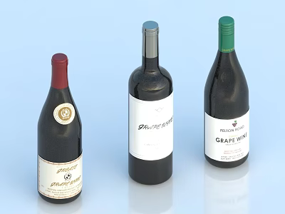 Wine Bottles With Red Silver Green Caps And Labels On Light Blue Background 3d model