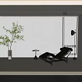 Modern Vertical Striped Curtains in Minimalist Interior with Laundry Appliances Chaise Lounge and Potted Plant