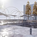 Modern Golden Arched Pergola With White Canopy Over Pool Reflections And Building