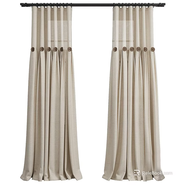 Elegant Beige Linen Curtains With Striped Pattern Button Accents And Pleated Design 3d model 