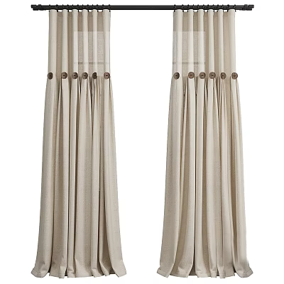 Elegant Beige Linen Curtains With Striped Pattern Button Accents And Pleated Design 3d model
