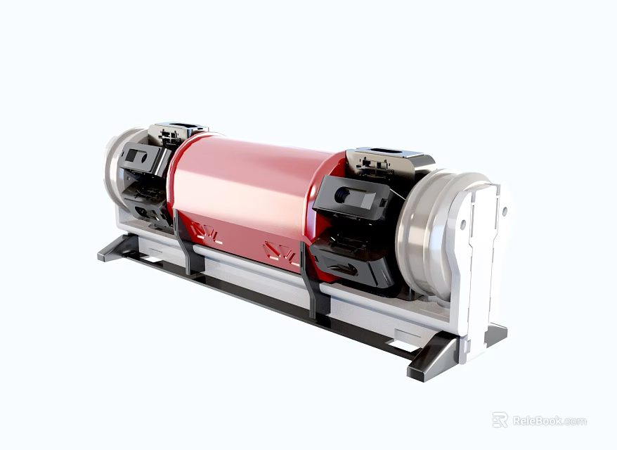 Industrial Equipment Red Roller Drum With Metal Frame And Black Components 3d model 