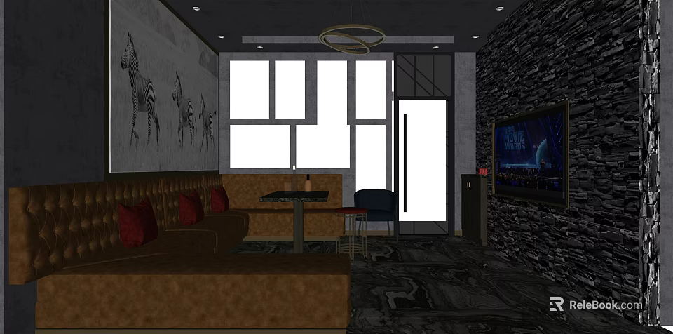 Modern KTV Interior With Comfortable Sofa Large Screen TV Ambient Lighting And Decorative Walls 3d model 