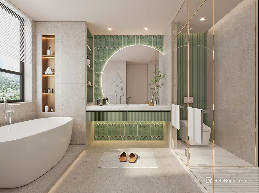 Modern Bathroom Interior With Freestanding Bathtub Round Mirror Green Tiles And Glass Enclosed Shower Area 3d model 