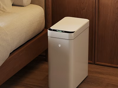White Smart Trash Can With Sensor Lid In Modern Living Room Wooden Floor 3d model