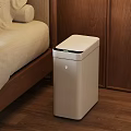 White Smart Trash Can With Sensor Lid In Modern Living Room Wooden Floor