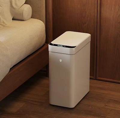 White Smart Trash Can With Sensor Lid In Modern Living Room Wooden Floor 3d model