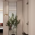 Minimalist Foyer Passage With Slatted Partition Potted Plant And Living Room View