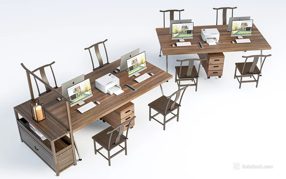 Wooden Office Desks Setup With Computers Printers Chairs And Drawers 3d model