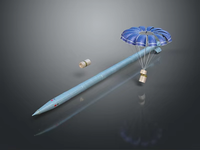 Blue Parachute Attached To Long Rocket With Small Cylindrical Object On Dark Surface 3d model