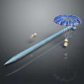 Blue Parachute Attached To Long Rocket With Small Cylindrical Object On Dark Surface