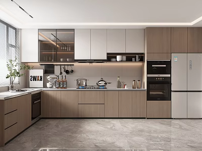 Modern Kitchen Interior Design With Wooden Cabinets Stainless Steel Appliances And Stone Countertop 3d model