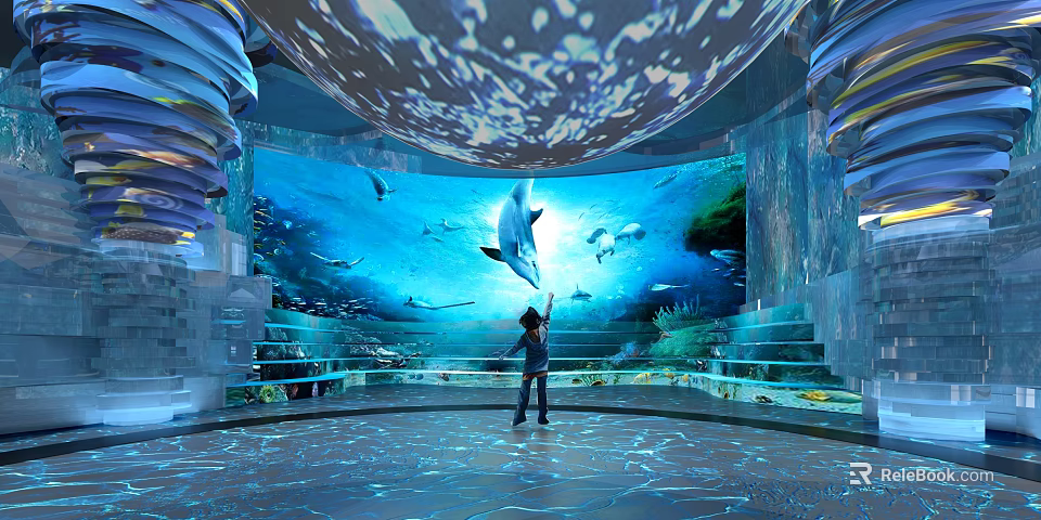 Immersive Ocean Themed Cultural Center Featuring Dolphin Fish Projection Floor Light Effects And Curved Screen 3d model 