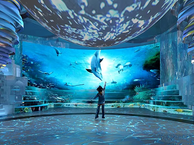 Immersive Ocean Themed Cultural Center Featuring Dolphin Fish Projection Floor Light Effects And Curved Screen 3d model