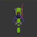 Green Motorcycle With Purple Character Wearing Helmet Red Ribbon And Red Flag On Gray Background