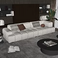Beige Sectional Sofa in Modern Living Room with Bookshelves Indoor Plant and Coffee Table