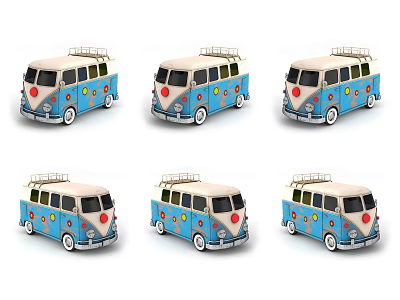 Six Blue Cartoon Van Dolls With Colorful Dots And Red Nose Design 3d model