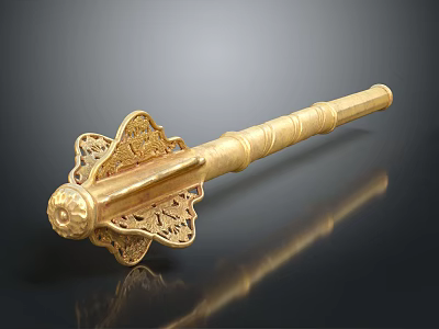 Ancient Golden Ornamental Weapon With Intricate Carvings And Decorative Top Design 3d model