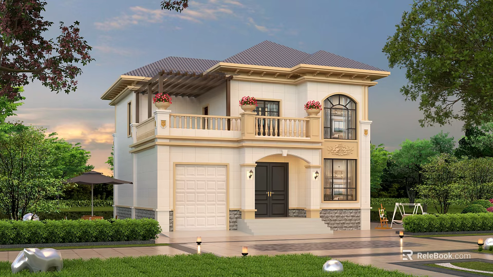 Elegant Two Story Detached Villa Exterior With Balcony Flower Pots And Lush Greenery 3d model 