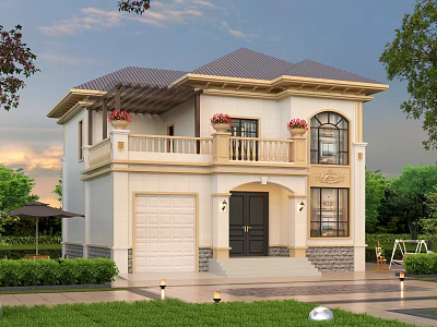 Elegant Two Story Detached Villa Exterior With Balcony Flower Pots And Lush Greenery 3d model