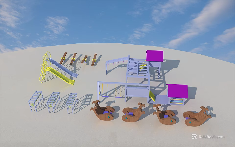 Colorful Outdoor Playground Equipment With Slide Swing And Rocking Horse In Sand Area 3d model 