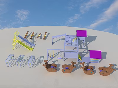 Colorful Outdoor Playground Equipment With Slide Swing And Rocking Horse In Sand Area 3d model