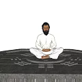 Man Sitting Cross Legged on Carved Stone Platform With Incense Burner and Lush Green Trees