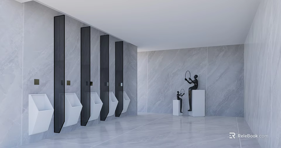 Modern Public Restroom With Black Partition Urinals Marble Walls And Children's Urinals 3d model 