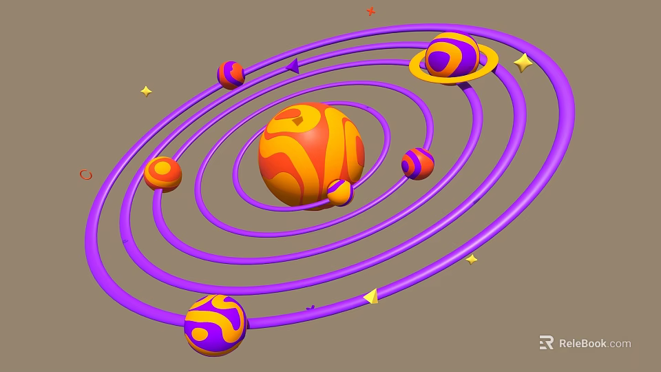 Solar System Model Decorative Ornament Set with Purple Orbits Colorful Planets and Stars 3d model 