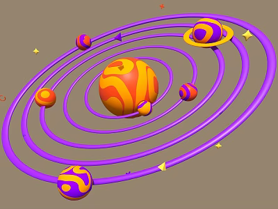 Solar System Model Decorative Ornament Set with Purple Orbits Colorful Planets and Stars 3d model