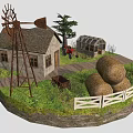 Pastoral Landscape with Windmill Hay Bales Stone House Greenhouse White Fence and Dirt Path