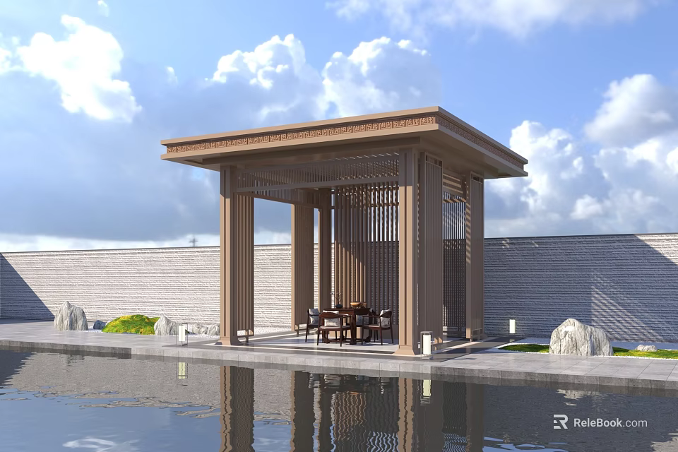 Scenic Pavilion By Water With Latticed Wooden Roof Stone Wall Table Chairs Blue Sky And Reflection 3d model 