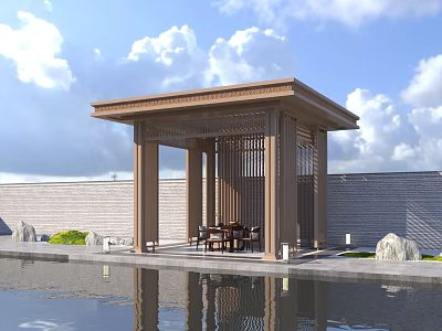 Scenic Pavilion By Water With Latticed Wooden Roof Stone Wall Table Chairs Blue Sky And Reflection 3d model