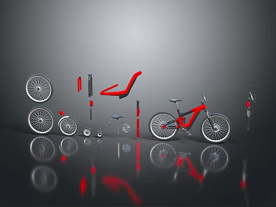 3D Rendered Bicycle with Deconstructed Wheels Seat Frame and Components on Dark Background 3d model
