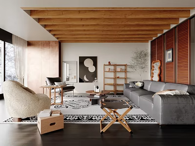 Modern Living Room Interior With Wooden Beams Gray Sofa Armchair Bookshelf And Decorative Art 3d model