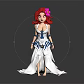 Game And Movie Character With Red Hair Pink Flower White Long Dress And Blue Decorations