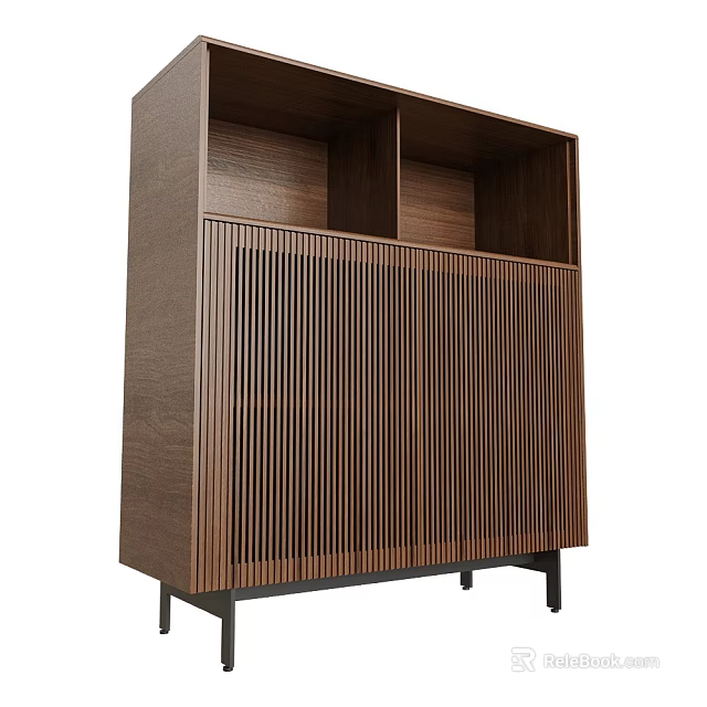 Modern Wooden Sideboard With Vertical Slatted Doors And Black Legs Design 3d model 