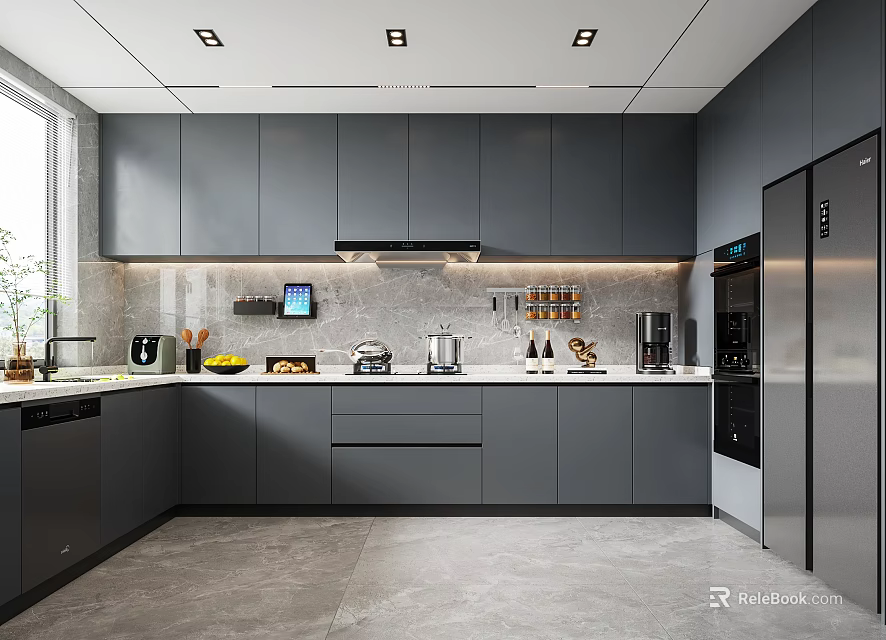 Spacious Modern Kitchen Interior Design With Gray Cabinets Countertop Appliances And Lighting 3d model 