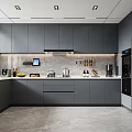Spacious Modern Kitchen Interior Design With Gray Cabinets Countertop Appliances And Lighting