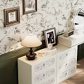 Elegant Vanity Dresser With Drawers Floral Wallpaper Mirror And Transparent Chair