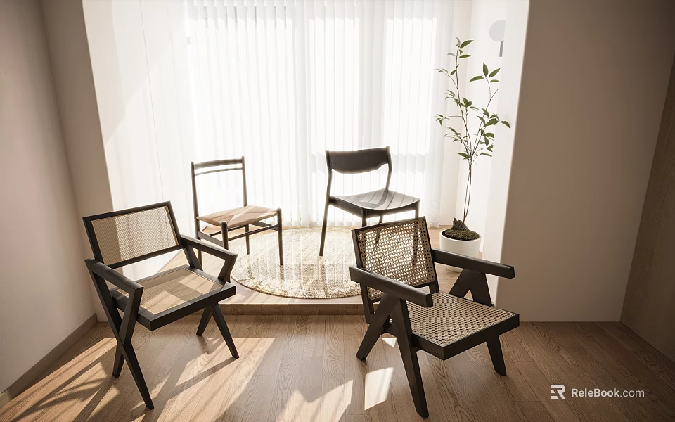 Modern Woven Rattan Solid Wood Leisure Chairs For Bright Sunlit Cozy Indoor Home Corner 3d model 