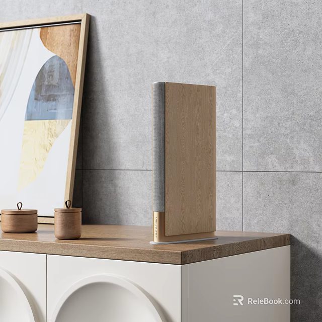 Modern Wooden Speaker Placed on Wooden Countertop with Gray Tile Wall and Decorative Jars 3d model 