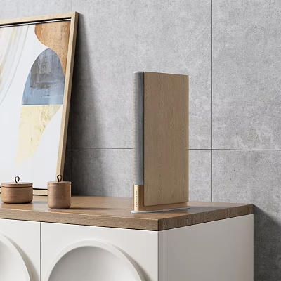 Modern Wooden Speaker Placed on Wooden Countertop with Gray Tile Wall and Decorative Jars 3d model