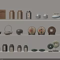 Traditional Tea Set Collection With Teapots Jars Cakes On White Shelves