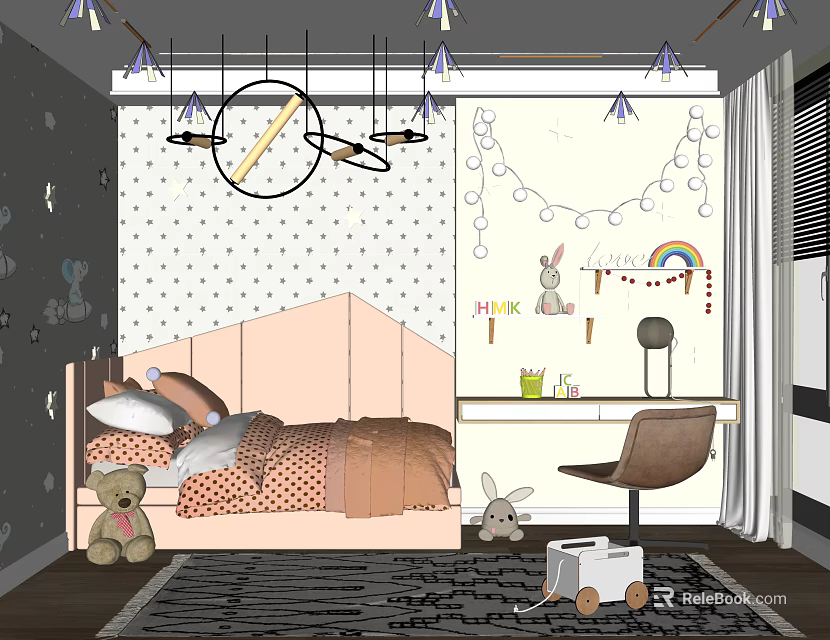 Cozy Kids Room With Pink Bed Polka Dot Wallpaper Rainbow Decor Hanging Lights Desk And Toys 3d model 