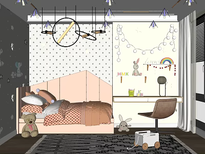 Cozy Kids Room With Pink Bed Polka Dot Wallpaper Rainbow Decor Hanging Lights Desk And Toys 3d model