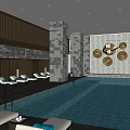 Indoor Swimming Pool Area With Stone Walls Loungers And Decorative Clocks