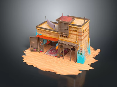 Traditional Desert Architecture Model With Clay Walls Red Roof Blue Base And Sandy Ground Decorations 3d model